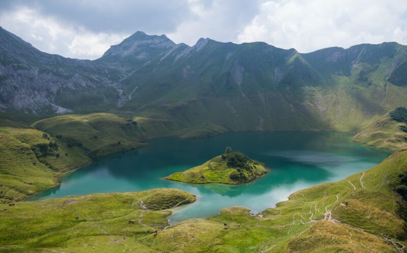 Alpine lake near luxury chalet austria